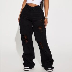 Summer Fling Destroyed Foldover Baggy Jean - Black